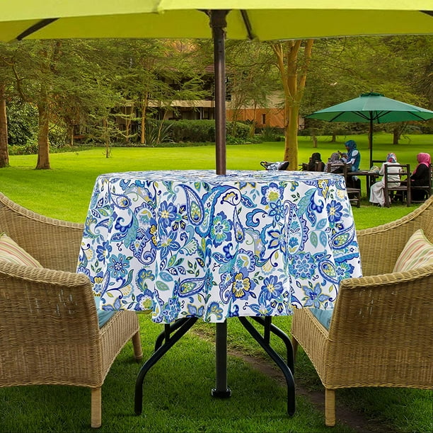 Outdoor Tablecloth With Umbrella Hole 60 Inch Round Spring Summer Vinyl Table Cover For Picnic Garden Zippered Green Com Outdoor Tablecloth With Umbrella Hole, Tablecloth For Umbrella Patio Table