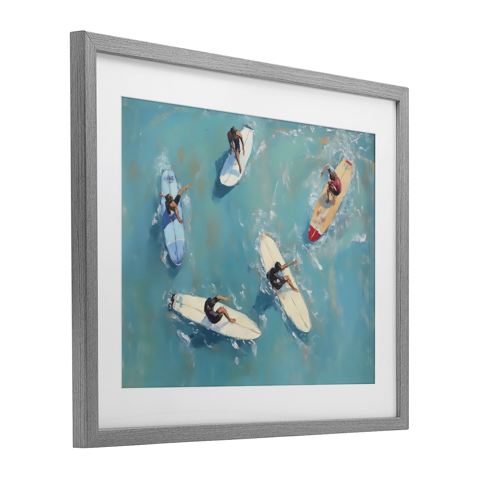 Stupell Industries Group of Surfers at Sea Gray Framed Print Under Glass, design by LSR Design Studio