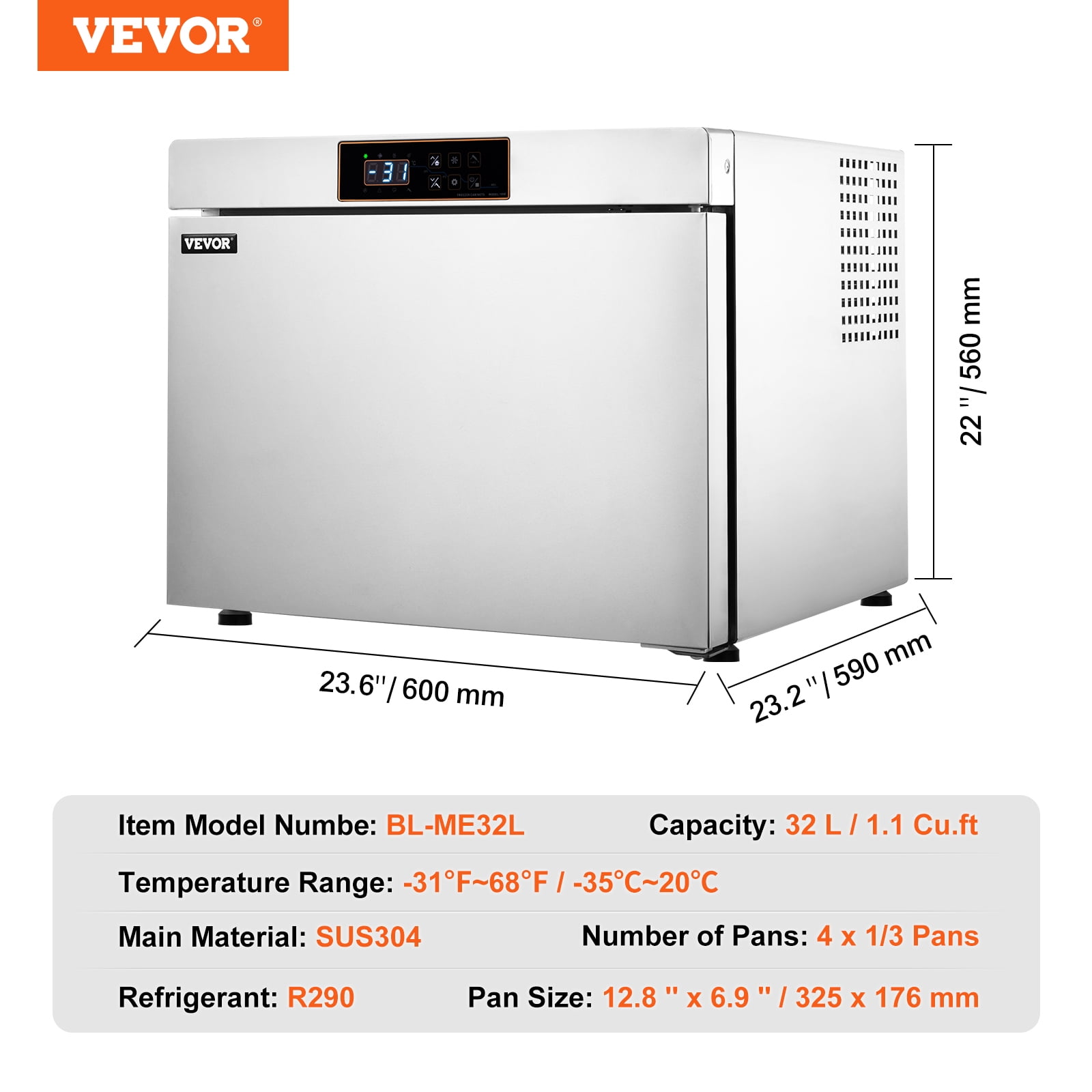 VEVOR Commercial Blast Freezer, 32 L / 1.1 Cu.ft Blast Chiller with 4 1/3 Trays, Blast Chiller Freezer Chest with Cooling & Freezing Modes, Stainless Steel Food Blast Freezer for Restaurant, Seafood