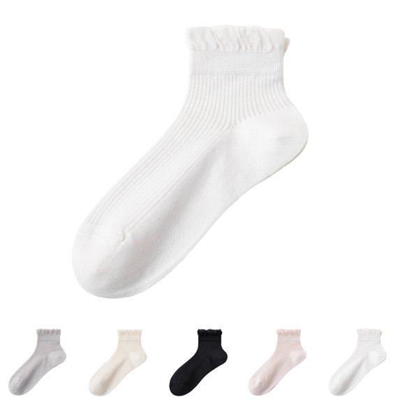 Yifymode Ruffle Trim Ankle Socks, Vertical Rib Thin Casual Socks Back to School Daily Wear Students, Lightweight Breathable Campus Socks