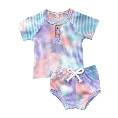 

Little Girls Party Dailywear Sets Tie Dye Gradient Printed Short Sleeve Summer Unisex Colorful Ribbed TShirts Tops Shorts Sets Dailywears Comfortable Loose Fittness Sets
