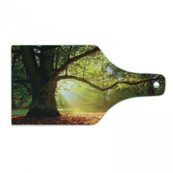 Leaves Cutting Board, Majestic Mighty Oak Tree with Largely Broader Leaves Forest Sun Rays Nature, Tempered Glass Cutting and Serving Board, Wine Bottle Shape, Orange Green Brown, by Ambesonne