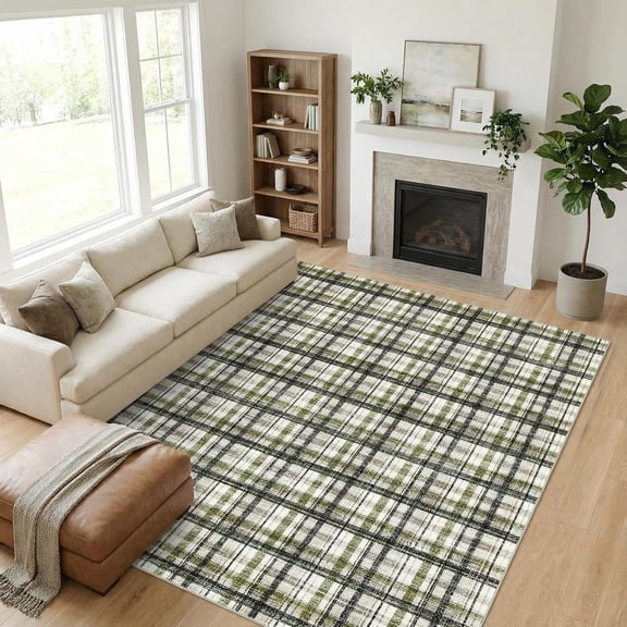 Washable Area Rug 10x13 Large Plaid Pattern Rug Low Pile Non Slip Carpet for Living Room Bedroom Dining Room Indoor Floor Decor,green
