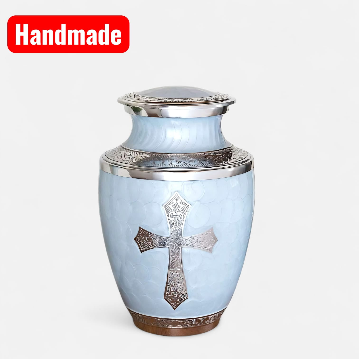 Cremation Urn for Human Ashes, Adult Sized Handmade Aluminium Urn with Cross Engraving, 200 Cubic Inches