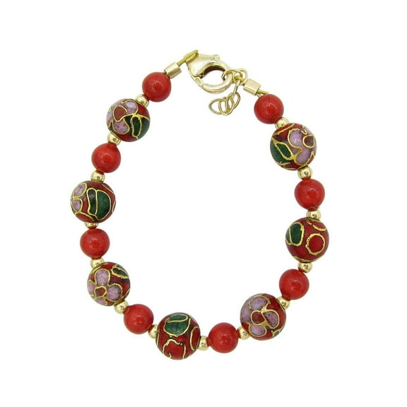 Luxury Gold Toddler Bracelet with Red Pearl and Red, Green Cloisonne Bead (B1705)