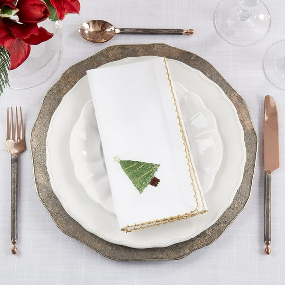 Fennco Styles Embroidered Christmas Tree Whip Stitch Cloth Napkins 18" W x 18" L, Set of 4 - White Holiday Cotton Dinner Napkins for Winter Festivals, Christmas, Banquets, and Special Events