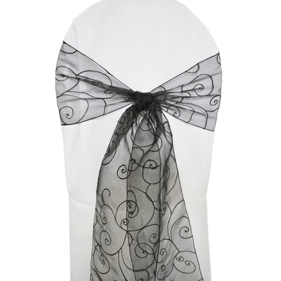 Wedding Linens Inc. 8'' x 108'' Embroidered Organza Sheer Chair Sashes Chair Bow Ties - Black