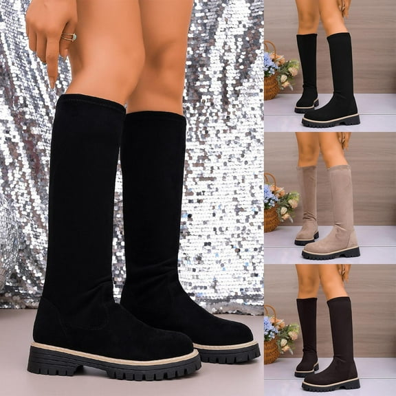 Lovzfmll Knee High Boots Women, Stretch Mid Calf Round Toe Chunky Heel, Chunky Low Heel Round Toe Boots Casual Fall Black Boots