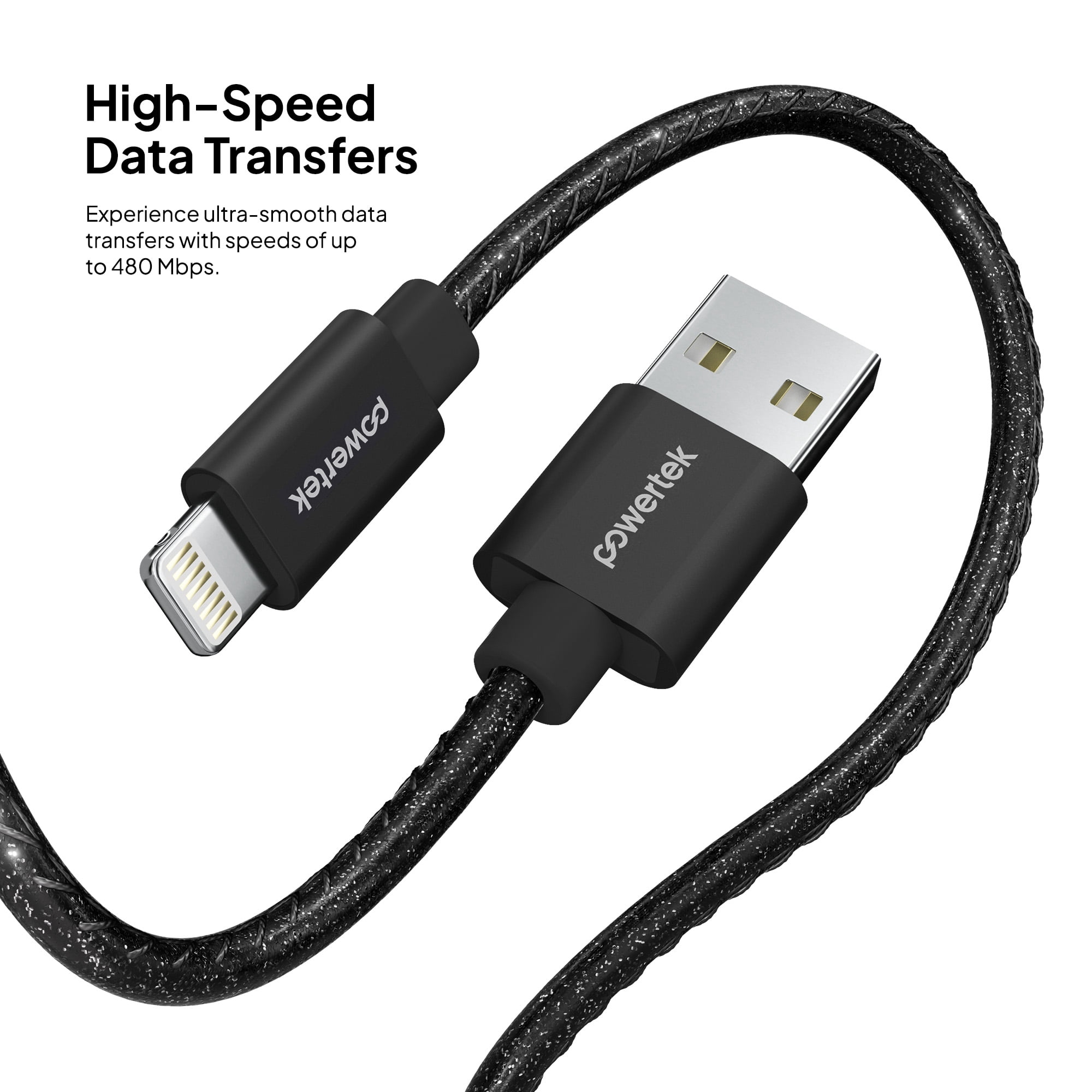 Powertek USB-A to Lightning Cable, Fast Charging iPhone Charger Cord, Durable Tangle-Resistant Sync Cable, Black Glitter, 6FT