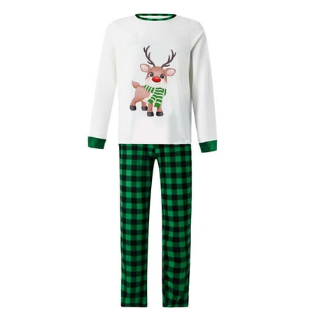 

Amuver Christmas Pajamas for Family Long Sleeve Cartoon Deer Print Tops + Plaid Pants Set