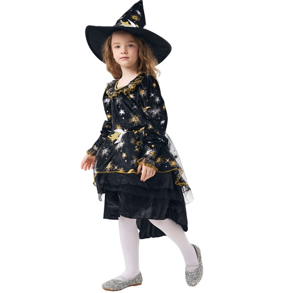 Girls Black Star Moon Witch Costume Kids Halloween Wizard Dress With Hat and Sock