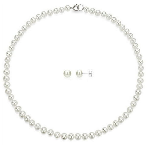 Sterling Silver 6-6.5mm White Freshwater Cultured Pearl Necklace and Stud Earrings Set