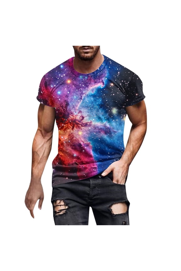 Outer Space T Shirts for Men Fashion Printed Galaxy Solar System Planets Nebula Shirt Summer Loose Comfort Breathable Round Neck T-Shirts Multicolor XXL