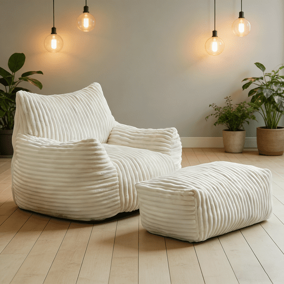 Bean Bag Chairs with Ottoman,Memory Sponge Fill,Ergonomic Support Reading Sofa with Armrests,Beige