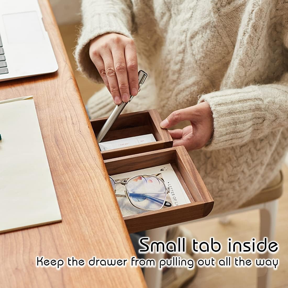 Under Desk Drawer Wood, Self-Adhesive Hidden Drawer Organizer Slide Out, Easy Installation Handmade Under Table Storage, Attachable Pencil Phone Holder For Office Home (Bamboo Medium)