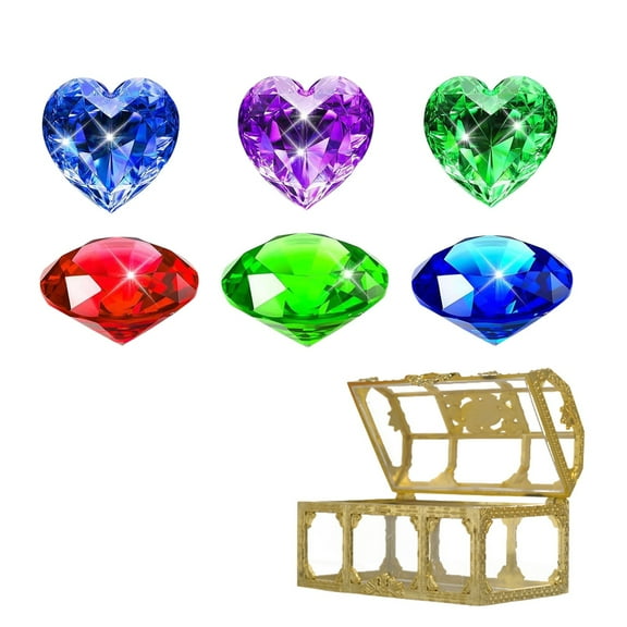 Oioii 7PCS Kids Gemstones Toy Set, W/ Golden Treasure Chest, Colorful Glass Gemstones in Unique Shapes, Exquisite Craft, Ideal for Pool Diving Treasure Hunts and Pretend Play Jewelry Games,Multicolor