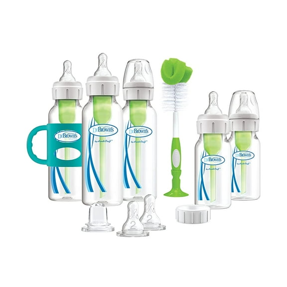 Dr. Brown's Natural Flow Anti-Colic Options Narrow Bottle to Sippy Gift Set with Soft Silicone Sippy Spout, Removable Silicone Handles, Travel Cap and Bottle Brush Bottle to Sippy Gift Set, Blue Bottle