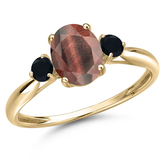 Gem Stone King 10K Yellow Gold Red Tiger Eye and Black Onyx 3-Stone Ring for Women | 1.45 Cttw | Oval 8X6MM | Gemstone Birthstone | Size 7