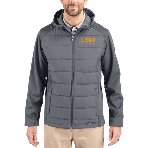 Men's Cutter & Buck Gray LSU Tigers Evoke Hybrid Eco Softshell Recycled Full Zip Hooded Jacket