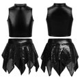 thumbnail image 3 of Aiihoo Kids Girls Hip Hop Jazz Dance Outfits Sleeveless Metallic Crop Tops with Shiny Sequins Skirt Cheerleading Performance Outfits Black 16, 3 of 4