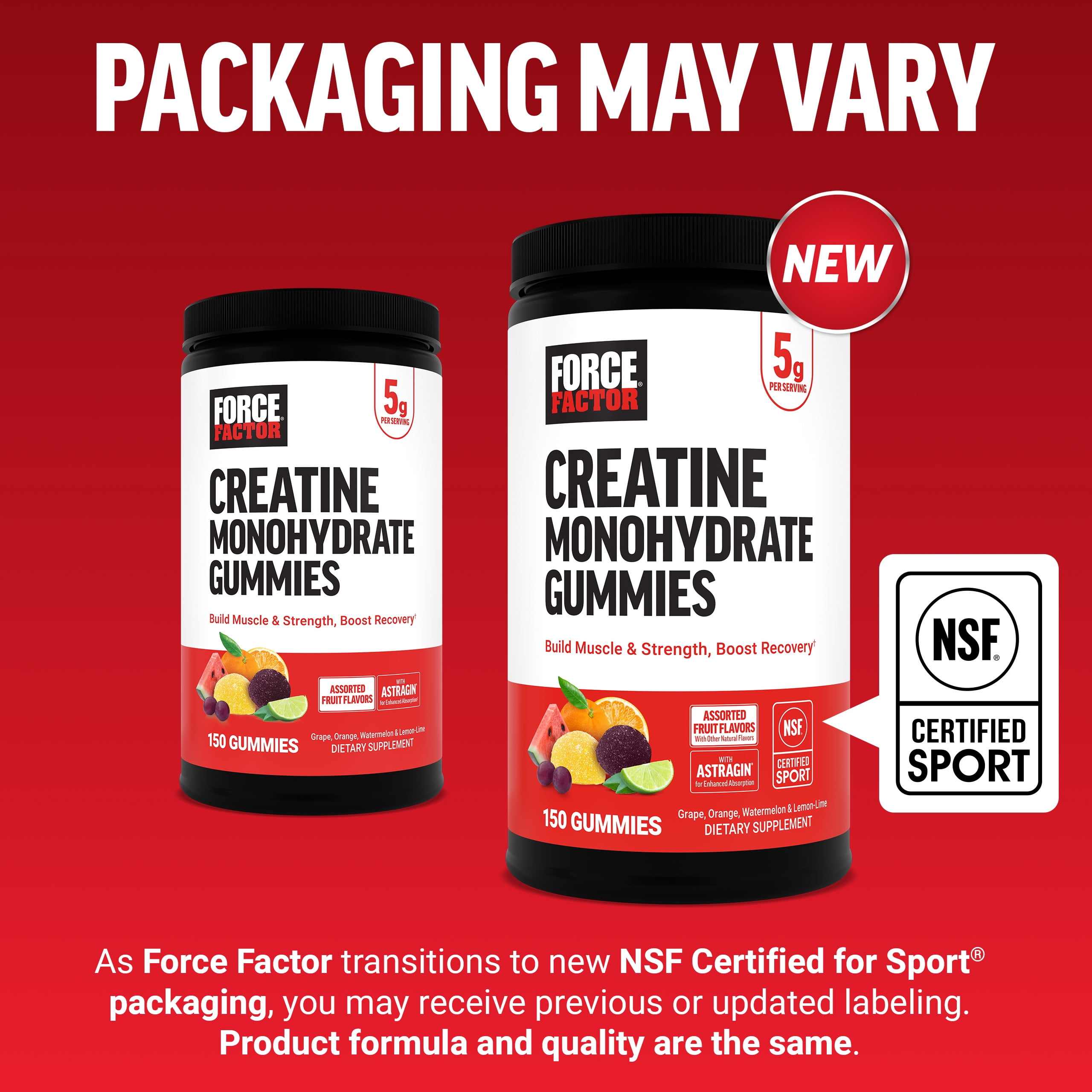 Force Factor Creatine Monohydrate Gummies, NSF Certified, 5g Dose for Men & Women to Support Muscle, Strength, Recovery, Cognitive Health & Memory, Assorted Fruit Flavors, 150 Gummies