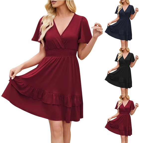 Fengqque Summer Dresses for Women Casual Tshirt V-neck Short Sleeve Solid Color Dress Waist-cinching Ruffled Hem Women's Casual Dresses Wine XL(XL)