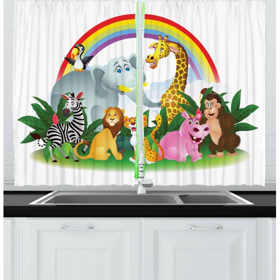 Ambesonne Wildlife Kitchen Curtains, Animals Under Rainbow, 55"x39", Multicolor