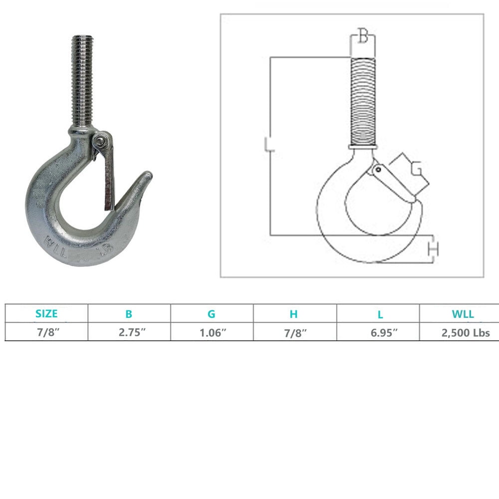 Marine 7/8" Threaded Shank Hook Drop Forged Hook 2500Lb WLL Stainless Steel 4Pcs