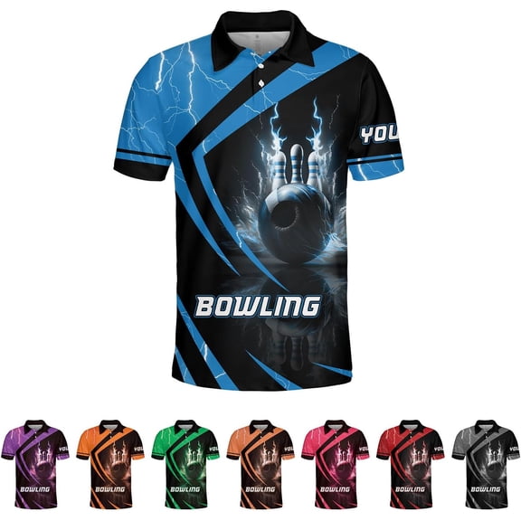 Personalized Bowling Polo Shirts 3D Custom Bowling Polo Shirt Bowling Shirts for Team Gift for Bowling Lover (Blue, S)
