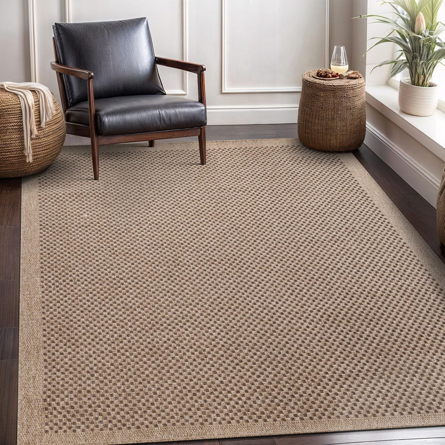 CAMILSON Easy Jute Rug Indoor Outdoor Farmhouse Area Rugs Checkered-Natural 6x9