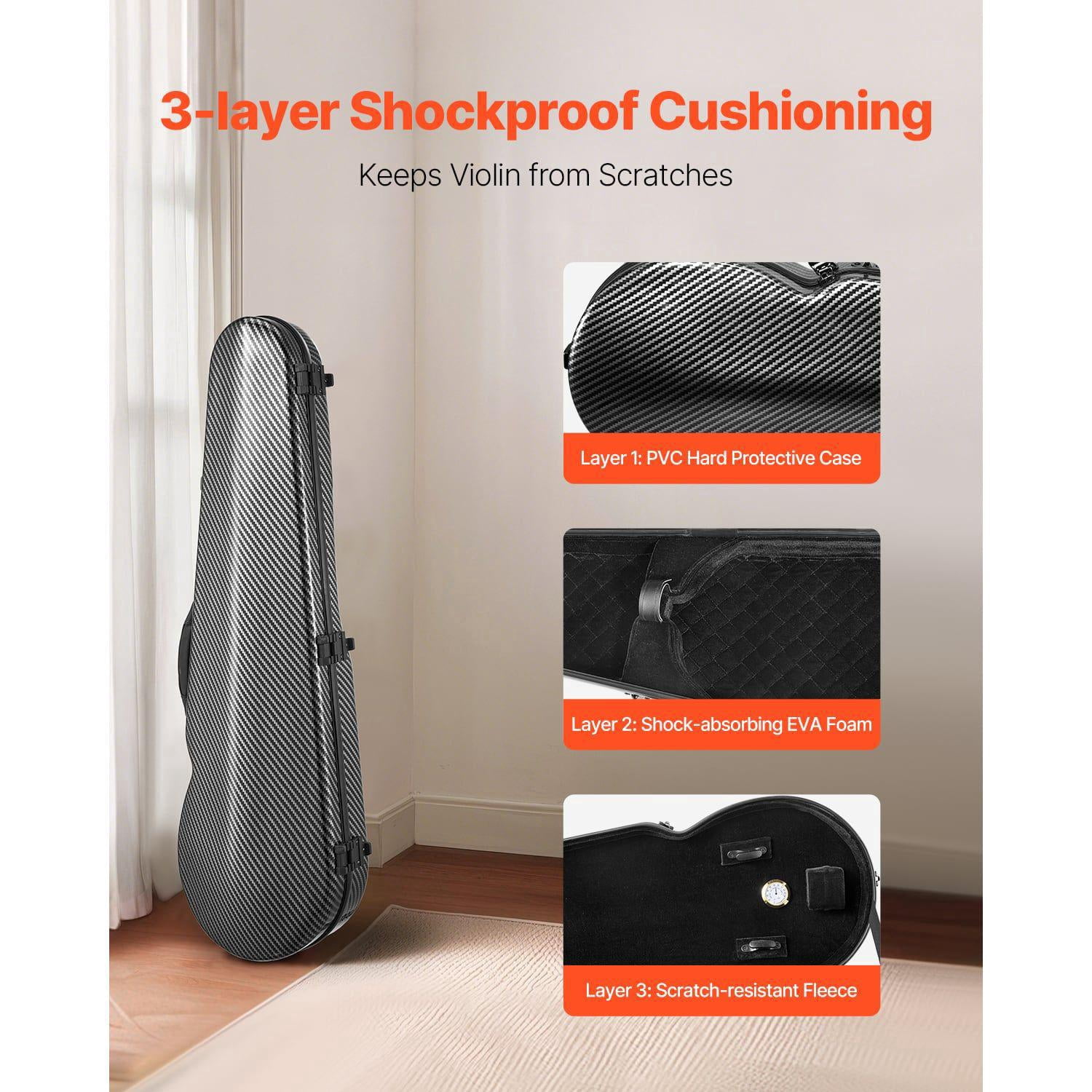 4/4 Full Size Violin Case with Built-in Hygrometer Lightweight Portable Travel Bag Plush Lining Dual Shoulder Straps Anti-Scratch Professional Triangular Shape Black
