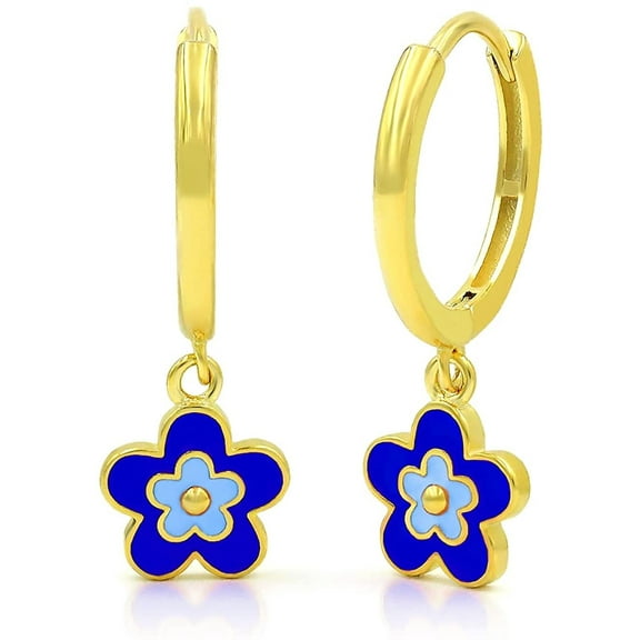 925 Sterling Silver Gold Plated Flower Enamel Dangle Drop Earrings, Minimalist, Giorgio Bergamo Dark Blue/Light Blue