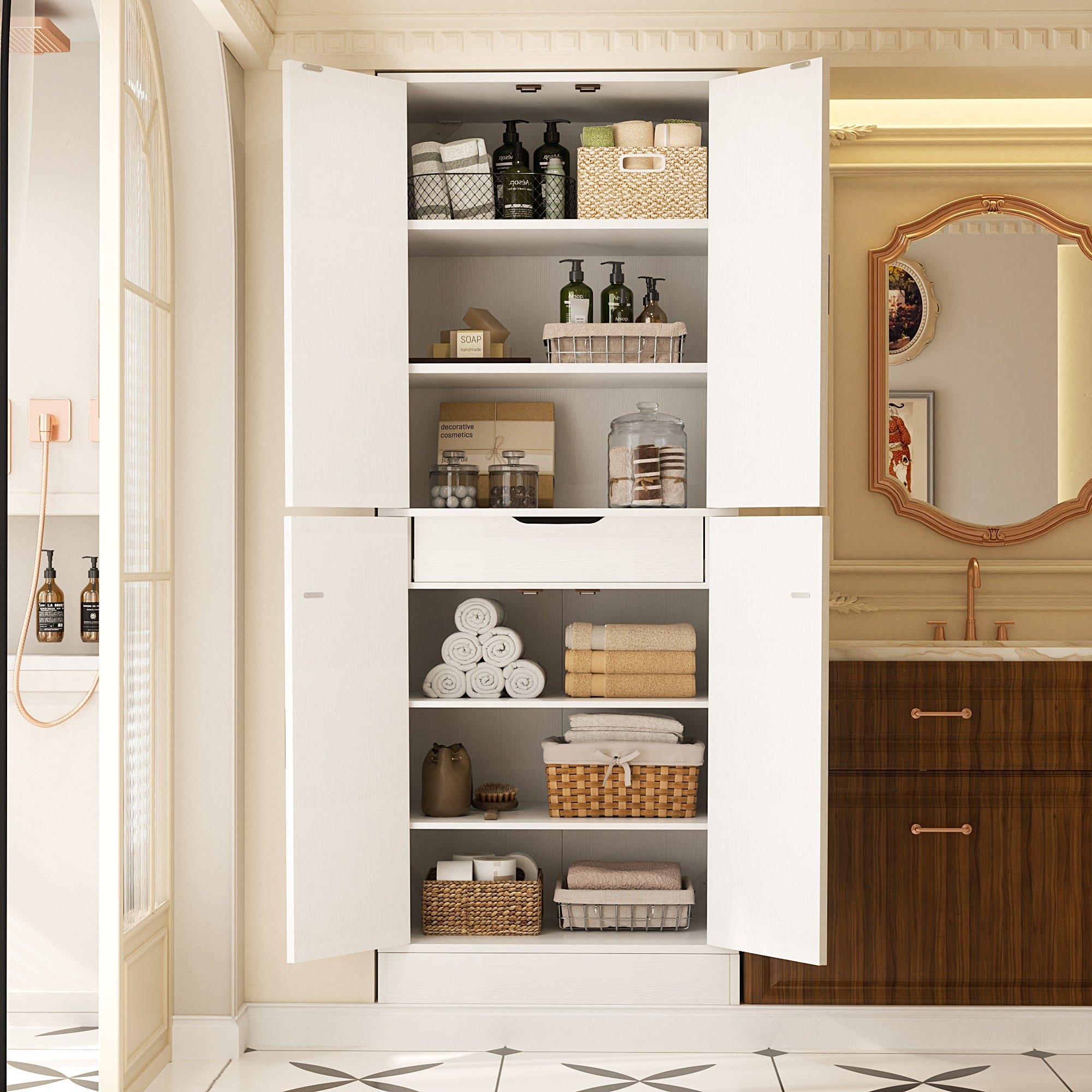 Homieasy 71'' Tall Farmhouse Bathroom Storage Cabinet, 7-Tier Linen Cabinet with Drawer & Adjustable Shelves, White