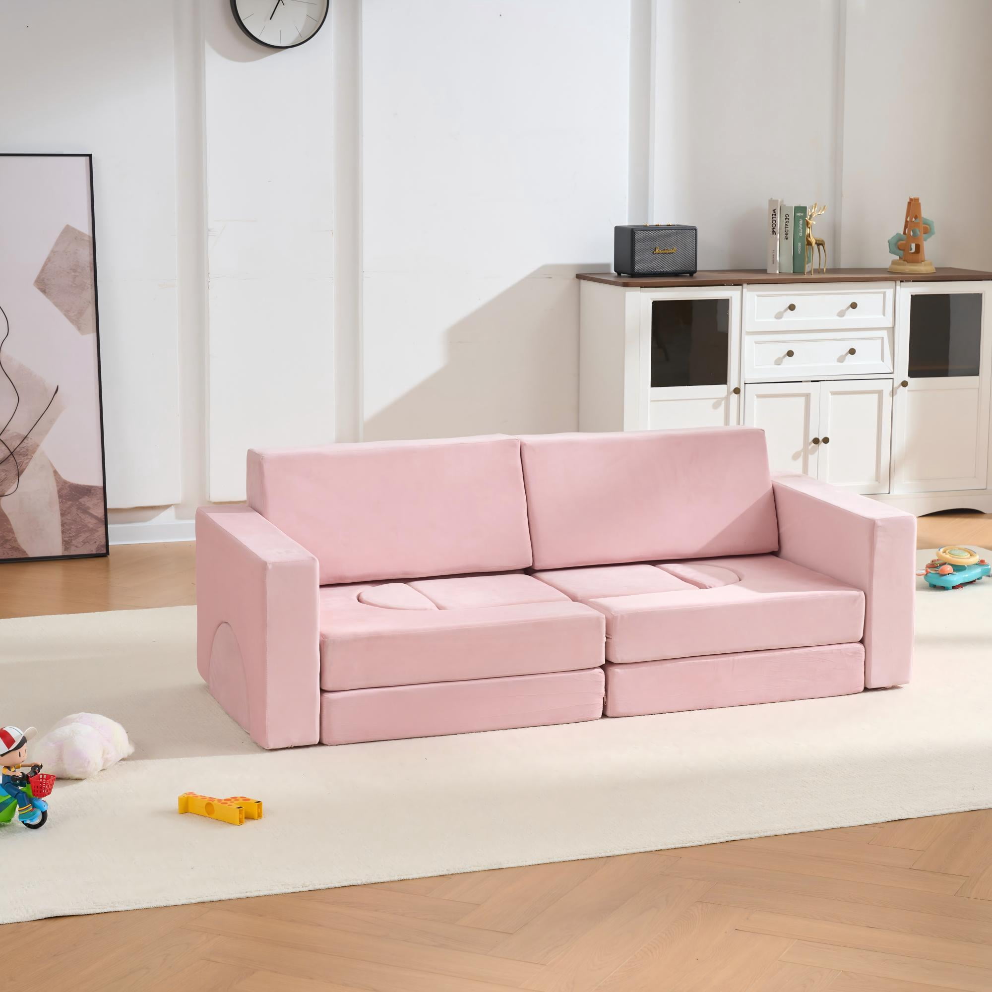 MAYEERTY 14PCS Modular Kids Play Couch, Convertible Foam Sectional Sofa, Washable Cover Toddler Building Blocks Playset for Playroom Bedroom, Pink