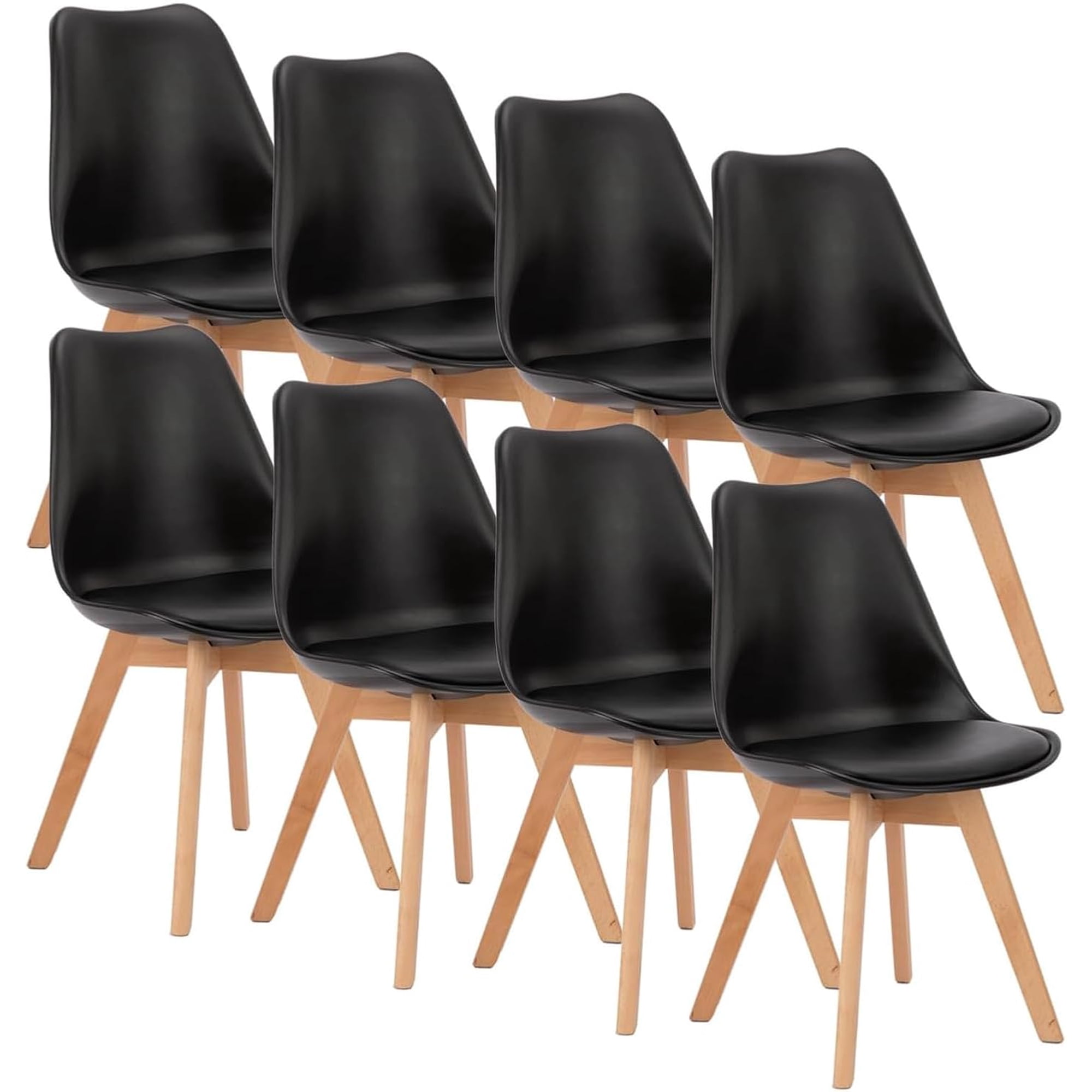 Dining Chairs Set of 8 Kitchen Chairs Wood Legs and PU Leather Cushion Upholstered Accent Armless Mid-Century Modern Living Room Bedroom Outdoor Lounge Black