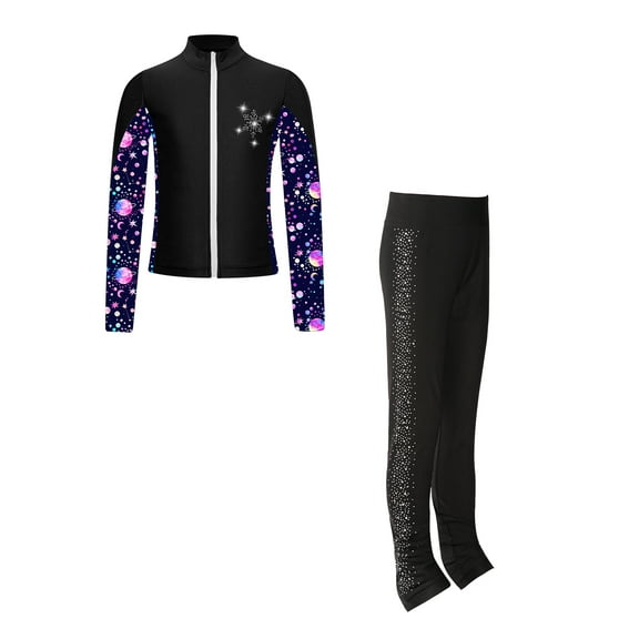 Doomiva Kids Girls Long Sleeve Snowflake Stylish Printed Zipper Jacket and Shiny Rhinestones Leggings Dancewear Set Black 16
