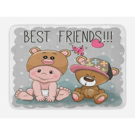Butterfly Bath Mat, Cute Cartoon Baby in Bear Hat and Teddy Bear with Butterflies Best Friends Print, Non-Slip Plush Mat Bathroom Kitchen Laundry Room Decor, 29.5 X 17.5 Inches, Multicolor,