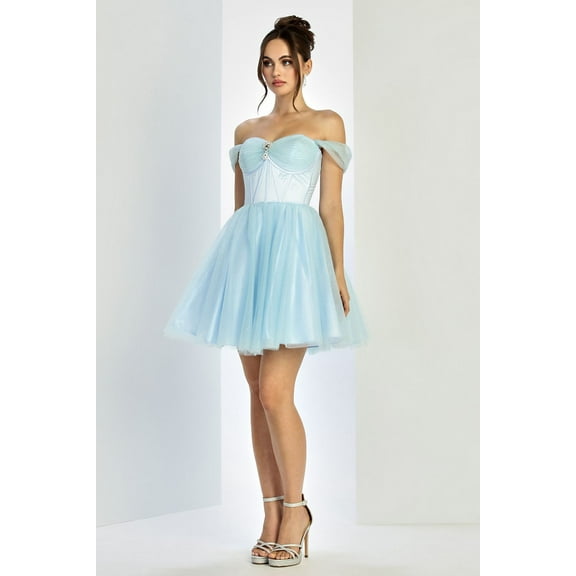 Women's Adora Design 1060 Short Glitter Off Shoulder A-line Prom 2026 Dress Baby Blue Size 3XL