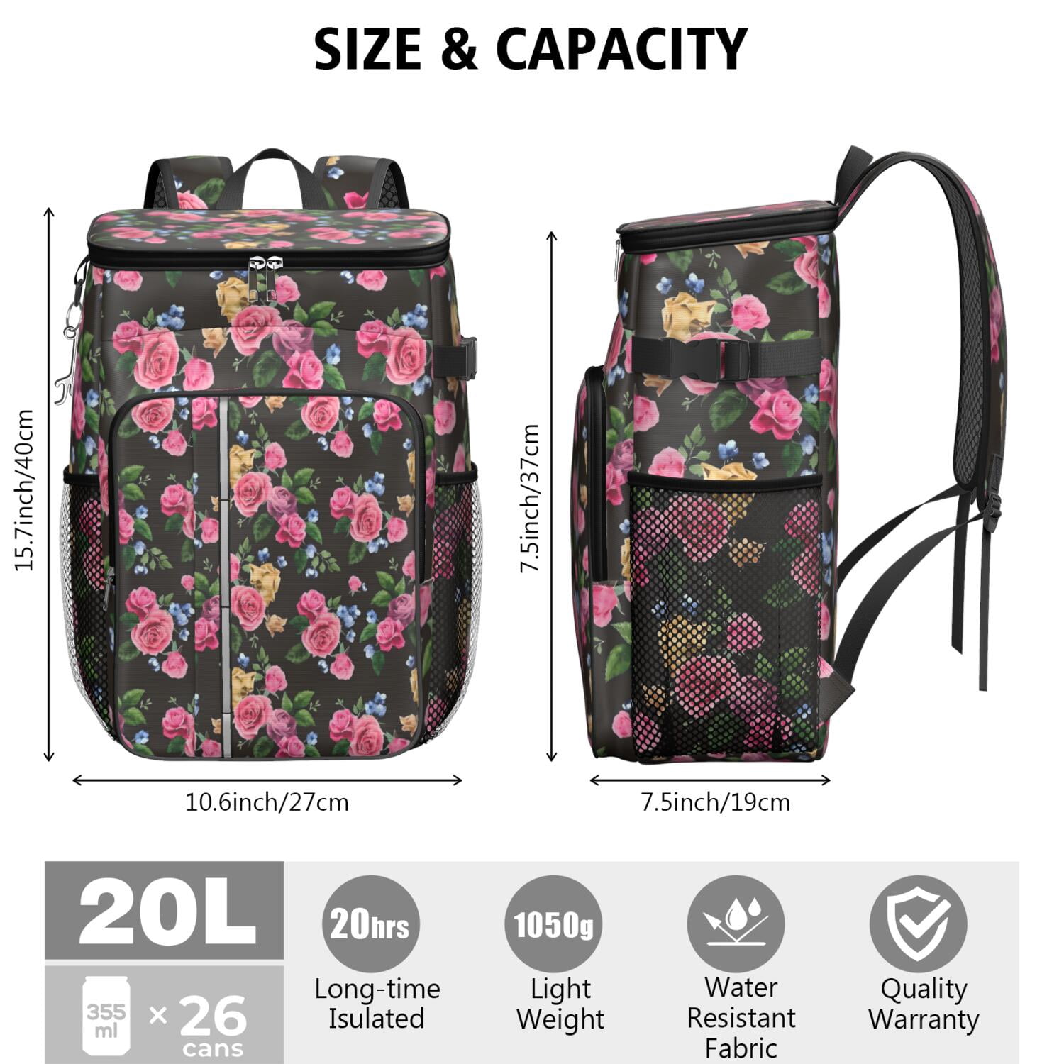 Travel Cooler Bag - Pioneer Flower Floral Print Pattern Camping Beer Cooler Backpack with Bottle Opener- Waterproof Insulated Picnic Backpacks - Cooler Bag for Beach