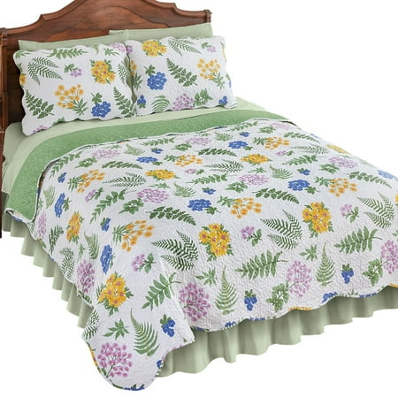 Heirloom Garden Quilt Fern Garden Floral Reversible Lightweight Quilt with Vermicelli Stitching and Scalloped Edges - Solid Sage Green Color on Quilt Reverse Side, Full/Queen, Multi ()