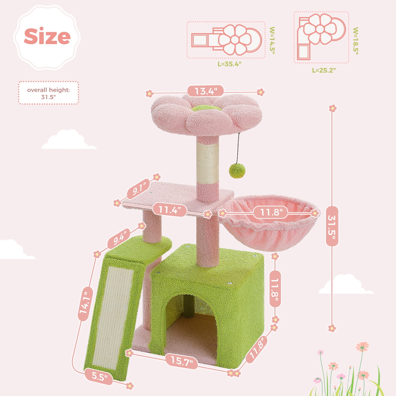PAWZ Road Cat Tree 31.5" Cute Flower Cat Scratching Post Tower with Cozy Condo, Hammock & Ramp for Indoor Cats, Pink