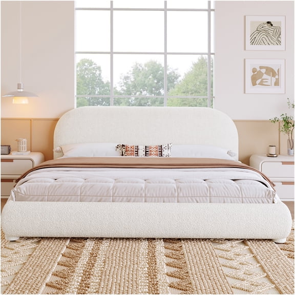 JERFIT King Size Upholstered Bed Frame with Boucle Fabric Headboard, Cream Modern Platform Bed for Bedroom, Heavy Duty Wood Slat Support