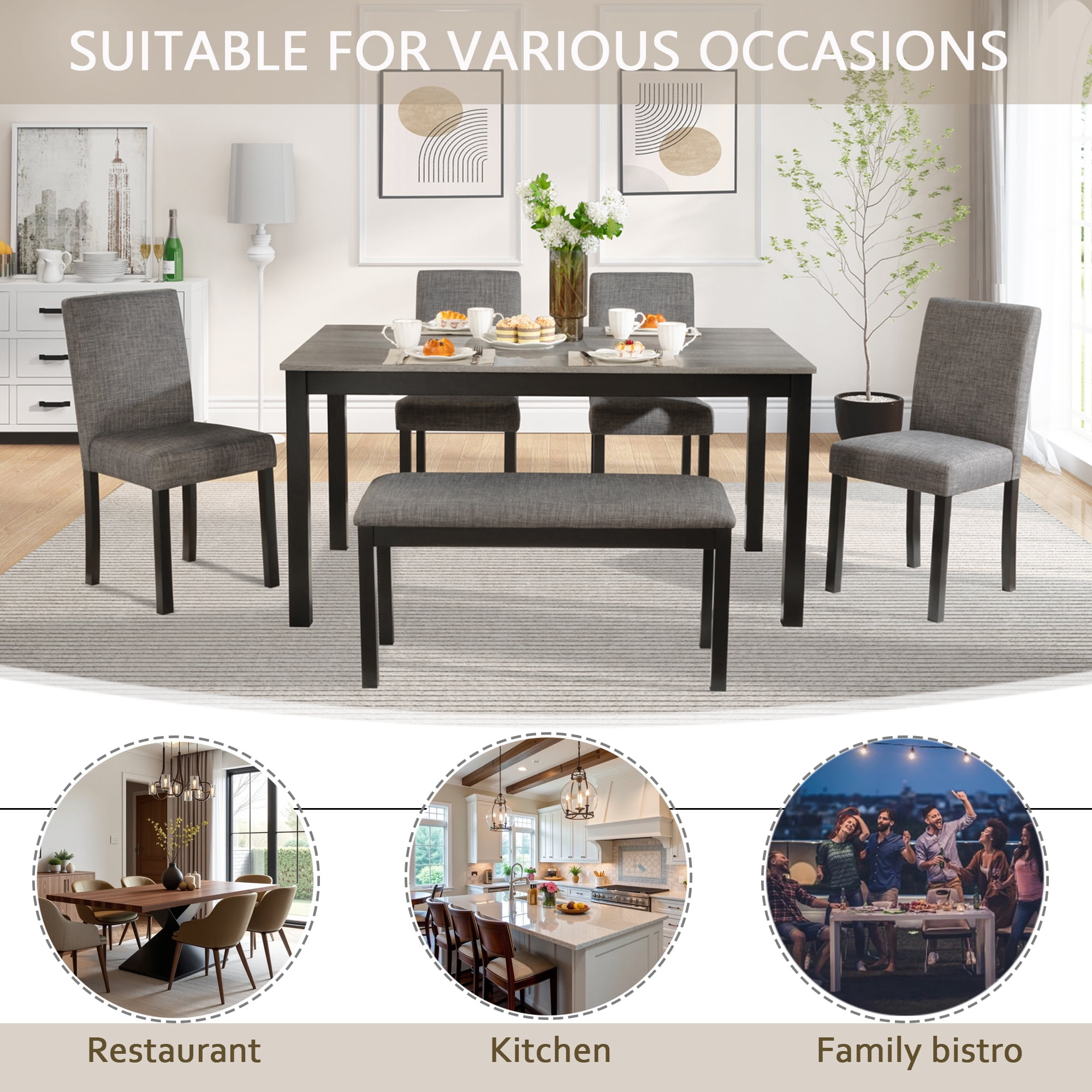 Leumius 6 Pieces Dining Table Set,Wood Dining Table Set with Wooden Dining Table,4 Upholstered Chairs and a Bench,Kitchen Dining Set for 6,Wooden Dining Furniture Sets for Kitchen, Dining Room
