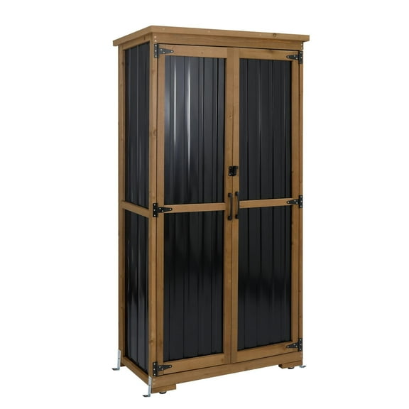 Gowoodhut Outdoor Storage Cabinet Wood & Metal, Tall Tool Shed with Weatherproof, Double Lockable Doors, Removable 3 Shelves, Adjustable Feet