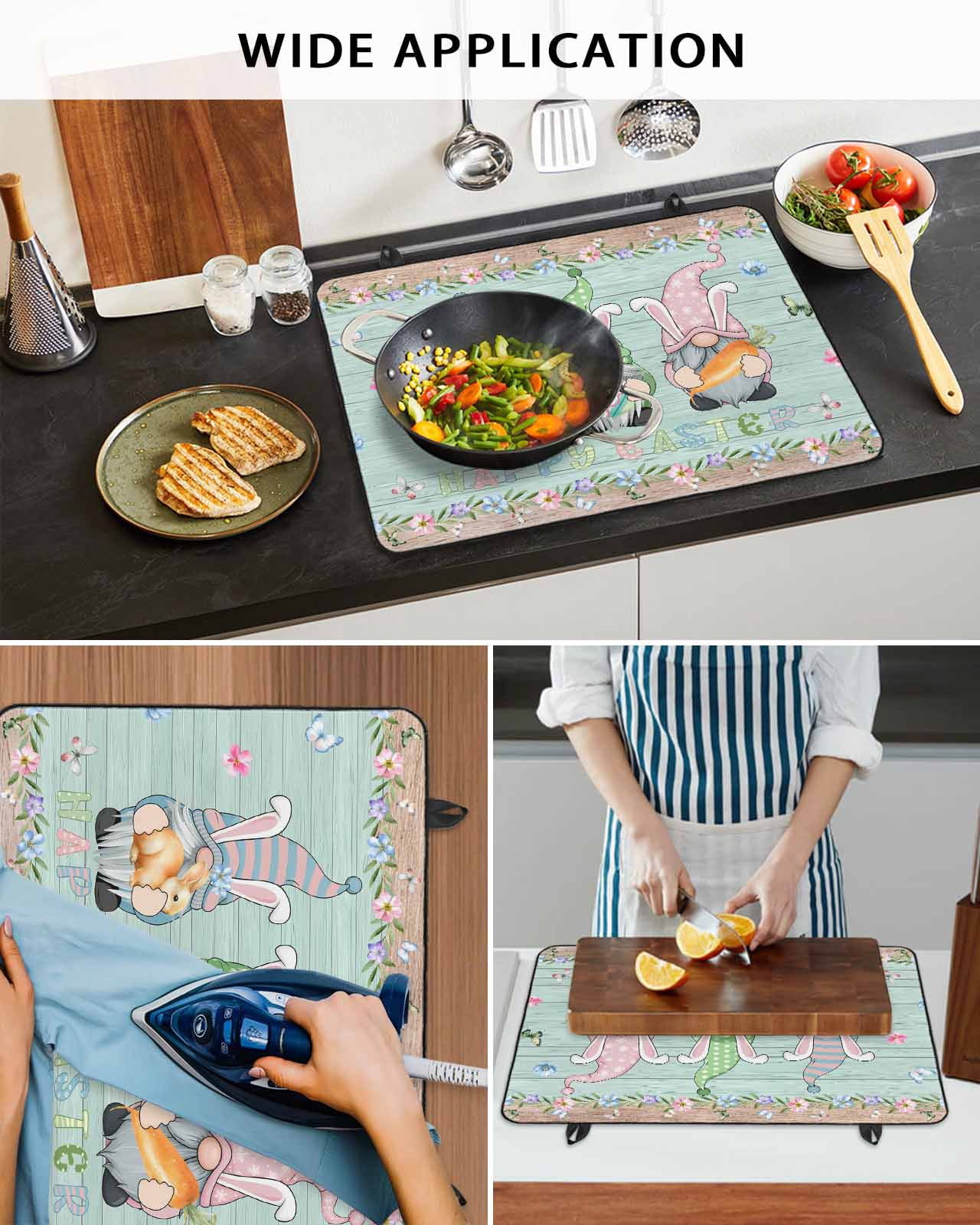 Large Induction Cooktop Protector Mat Easter Stove Top Covers for Electric Stove, Farmhouse Gnomes Rabbits Eggs Wooden Grain Decorative Stove Burner Cover Mats, Glass Top Stove Cover