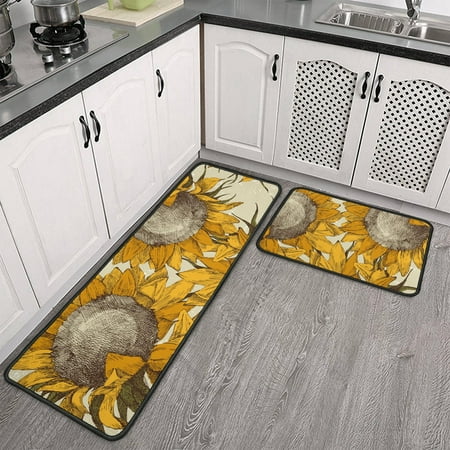 

Ornament Sunflowers Kitchen Mat Set 2 Pieces Cushioned Floor Mat Waterproof Kitchen Mats Crystal Velvet Mat for Kitchen Floor Home Office Sink Laundry