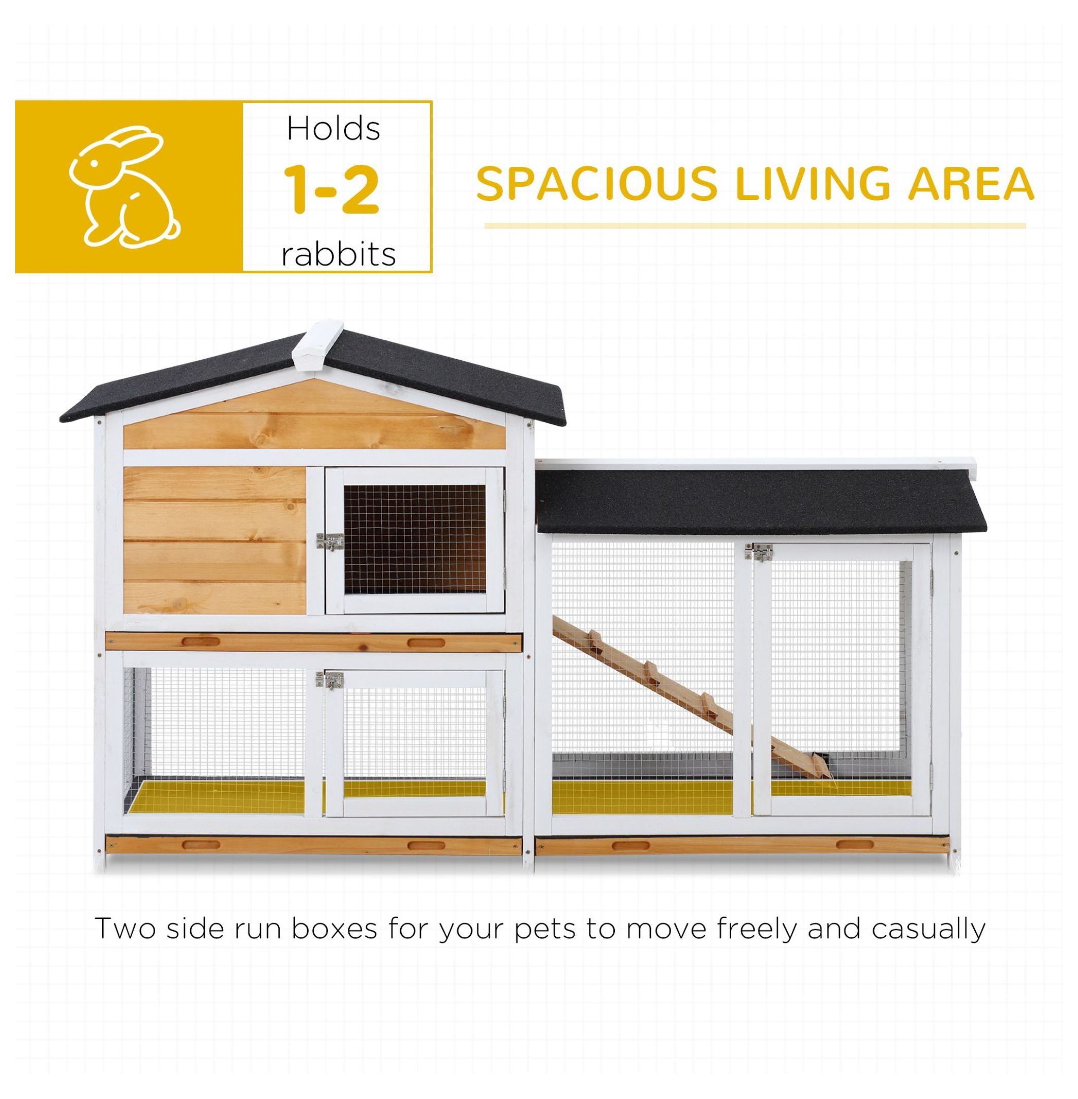 Outdoor Rabbit Hutch 2-Story Wooden Bunny Cage with Ramp Weatherproof Roof Yellow