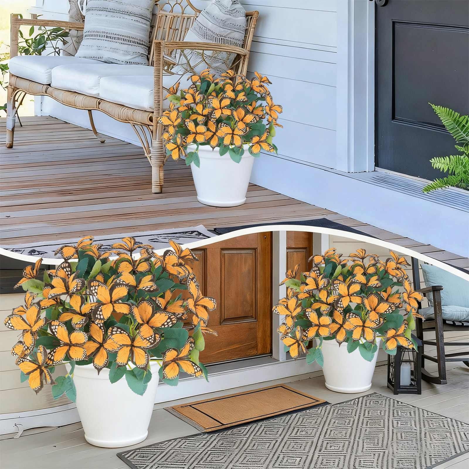 Eoozwa Waterproof Outdoor Artificial Flowers, 7‑Head Colorful Butterfly Orchid Faux Bouquet, Realistic Plastic Fake Flowers for Garden Patio Balcony Holiday Decor