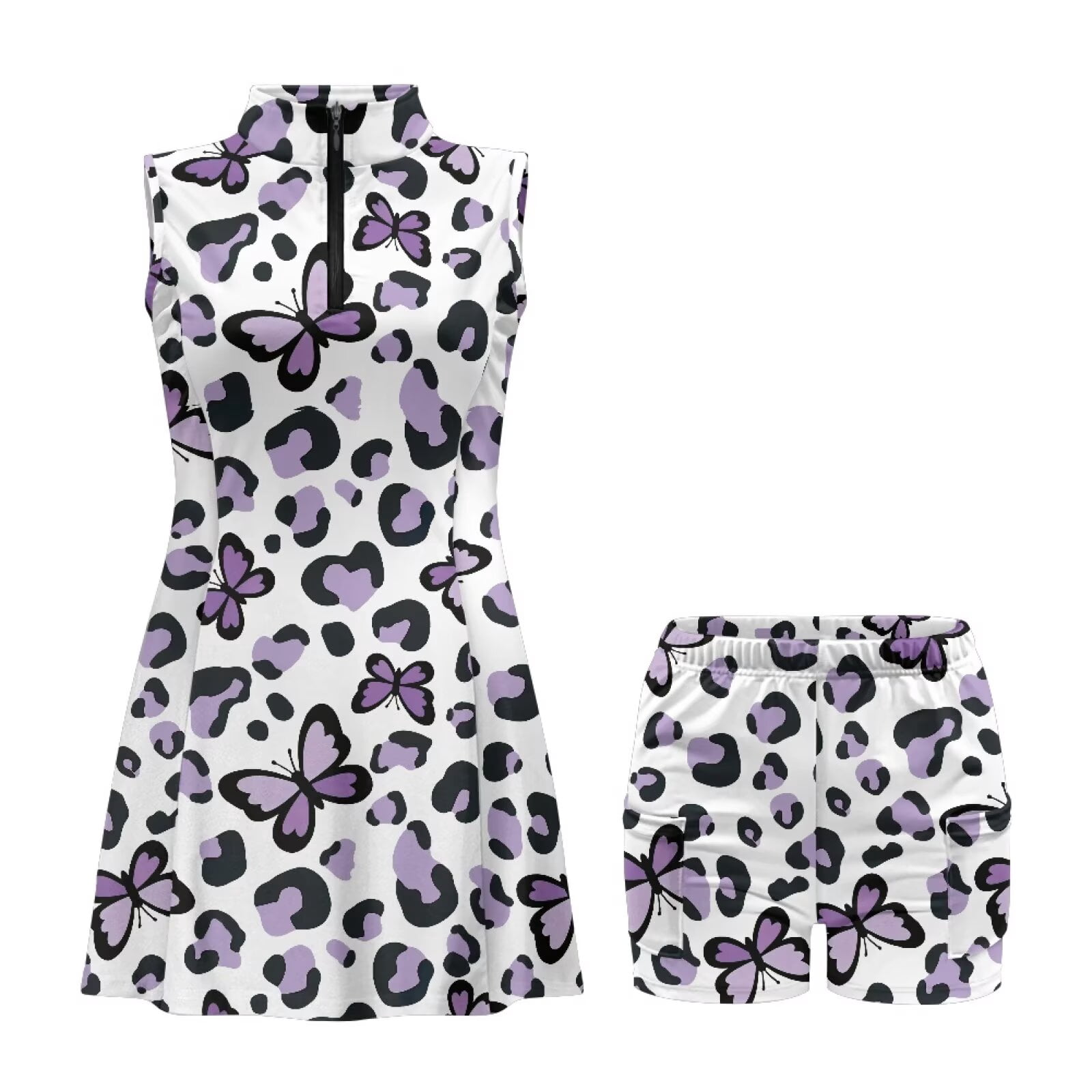 Yuyamidu Beautiful Butterfly Tennis Dress for Women Leopard Print V Neck Golf Athletic Tank Dresses Size L Sleeveless Sports Activewear Dress with Shorts Pockets Womens Golf Clothes