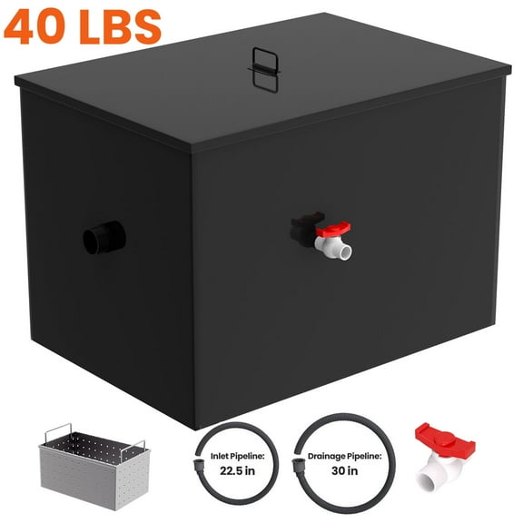 Commercial Grease Trap, 40 LBS Grease Interceptor, Triple-Layer Q235 Carbon Steel Side Inlet Interceptor, Under Sink Waste Water Oil-Water Separator for Food Truck, Hotel, Home